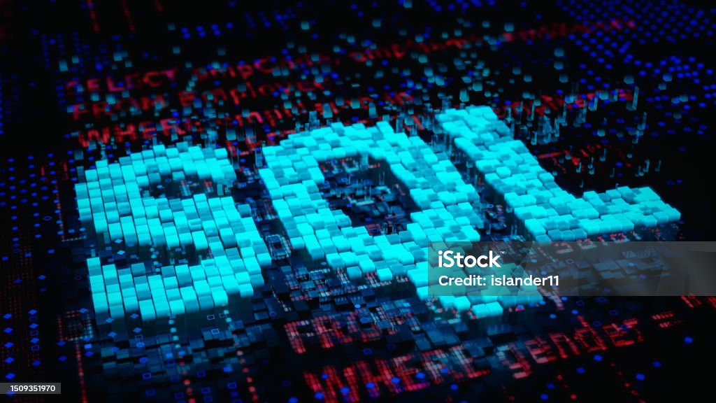 Sql Word And Sql Statements Code On A Blue Matrix Background 3d ...