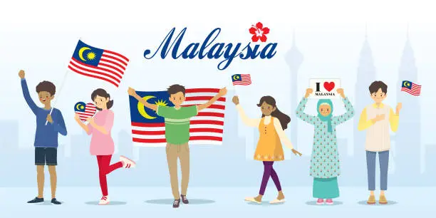 Vector illustration of Cartoon Malaysia citizens holding national flags.