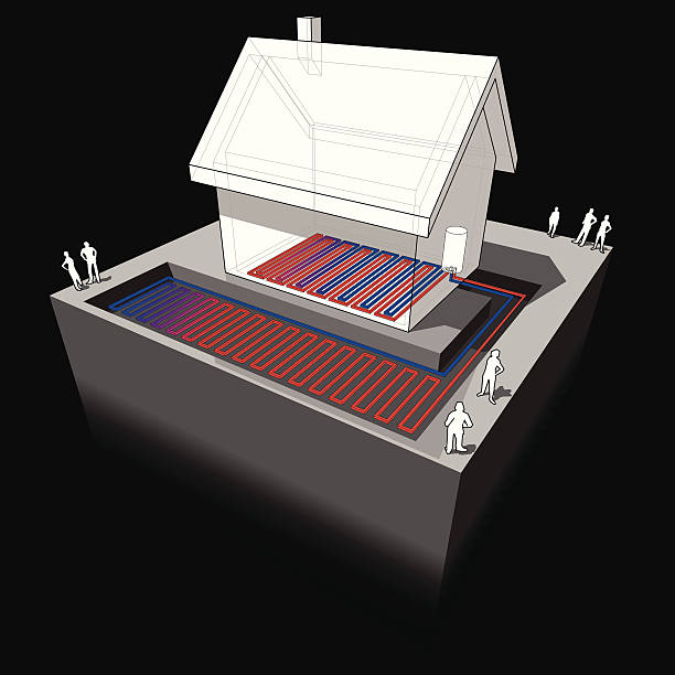 ilustrações, clipart, desenhos animados e ícones de bomba de calor via/aquecimento de piso diagrama - architecture three dimensional geothermal power station three dimensional shape