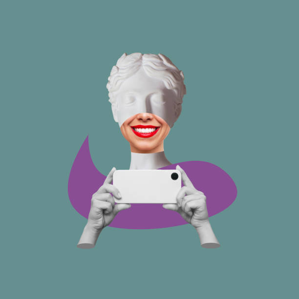 istock Young smiling woman headed by antique statue with red lips holds mobile phone Modern creative design 1509377221