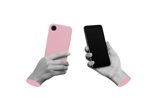 istock Two women's hands holding mobile phones with front and back sides, empty copy space for design 1509379303