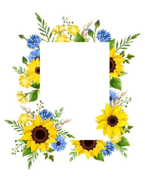 Vector illustration of Greeting or invitation card design with blue and yellow flowers. Vector illustration