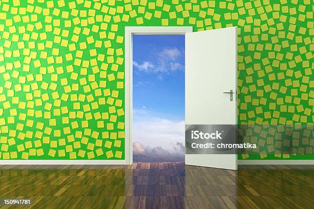 Green Room Full Of Post It Notes With White Door Leading Out Stock Photo - Download Image Now