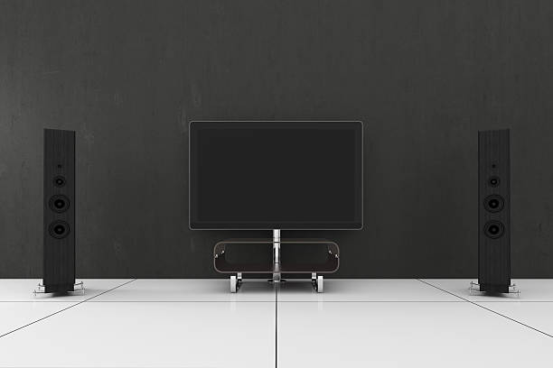 istock Television screen and speakers on white gloss tiled floor 150942271