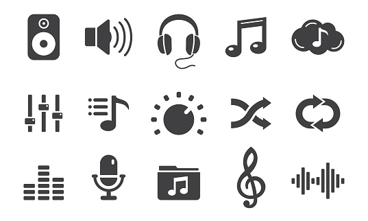 Music Related Icons Vector. Isolated on Background. Icon Set Contains such Icons as Speaker, Headphones, EQ, Treble Clef, Microphone, Sound Waveform etc