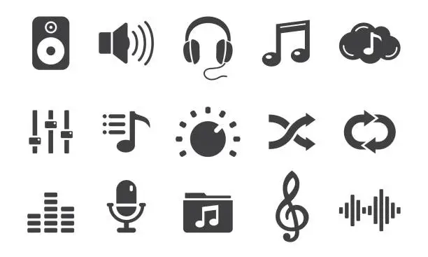 Vector illustration of Music Related Icons Vector. Isolated on Background. Icon Set Contains such Icons as Speaker, Headphones, EQ, Treble Clef, Microphone, Sound Waveform etc