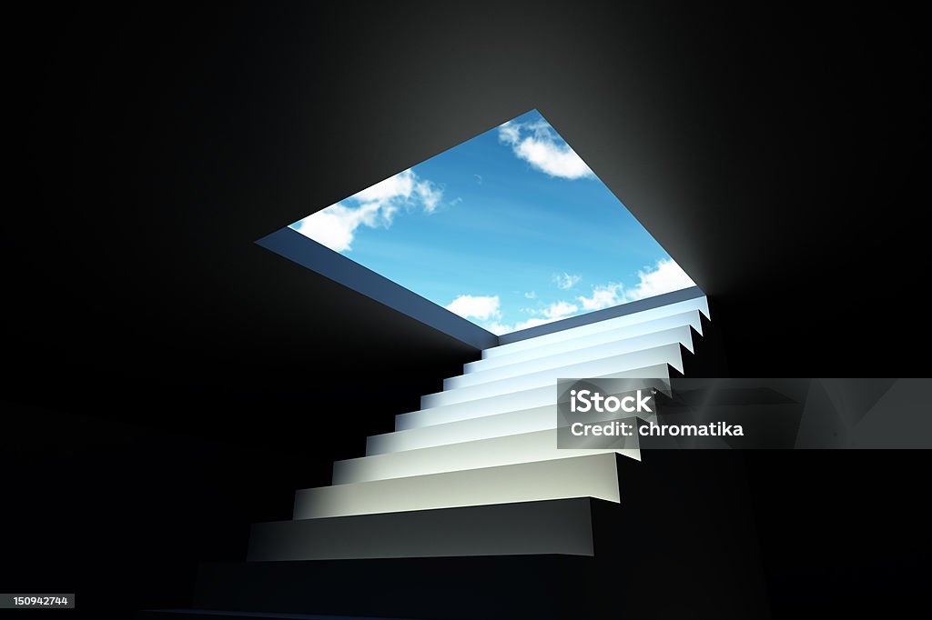 White stairs to blue sky from dark room Staircase that symbolizes the destination to the new realities and opportunities. First Steps Stock Photo White stairs to blue sky from dark room Staircase that symbolizes the destination to the new realities and opportunities. First Steps Stock Photo