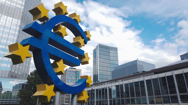 Euro sign sculpture in front of European central bank in Frankfurt, Germany.
