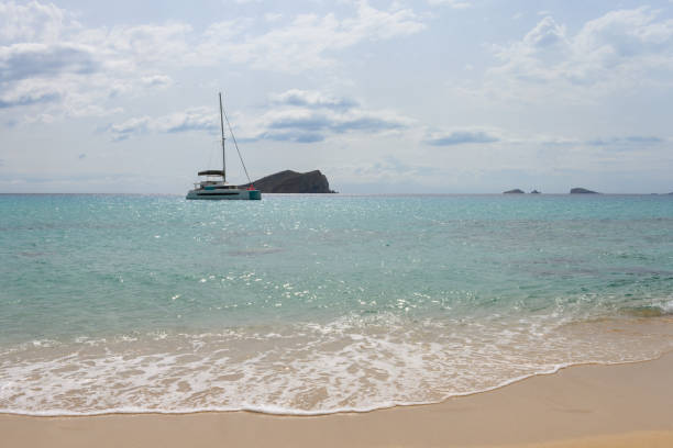 Catamaran boat is lying still at anchor at Cala Comte beach in Ibiza, Spain. It is a sunny spring day. Cala Comte is one of the most famous beaches in Ibiza