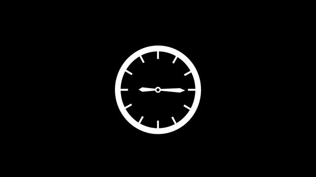 black and white clock clip art icon animation on black background. 4k footage