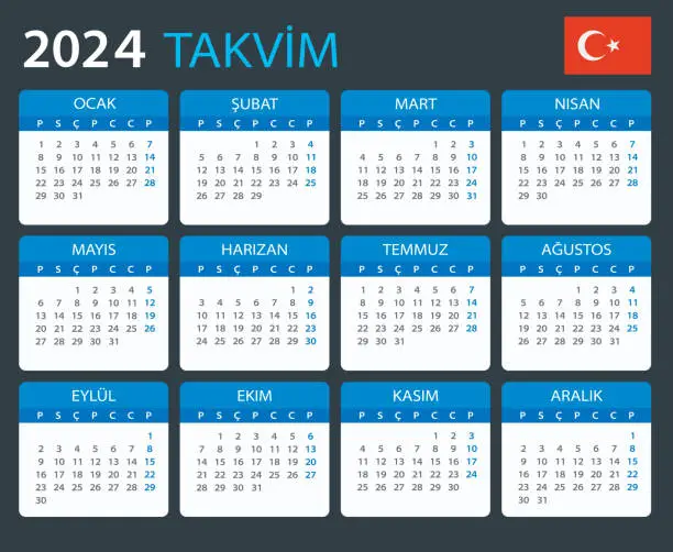 Vector illustration of 2024 Calendar - vector template graphic illustration - Turkish version