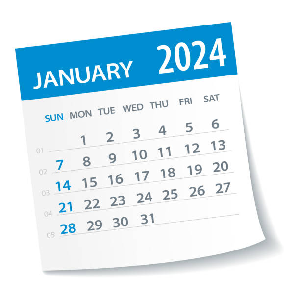 ilustraciones, imágenes clip art, dibujos animados e iconos de stock de hoja de calendario de enero de 2024 - ilustración vectorial - enero