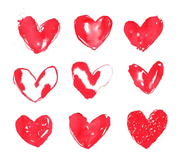Vector illustration of Single watercolor painted hearts shapes isolated on white paper background - original abstract uneven objects with jagged edges unevenly distributed pigment - vector illustration - unique doodle from sketchbook