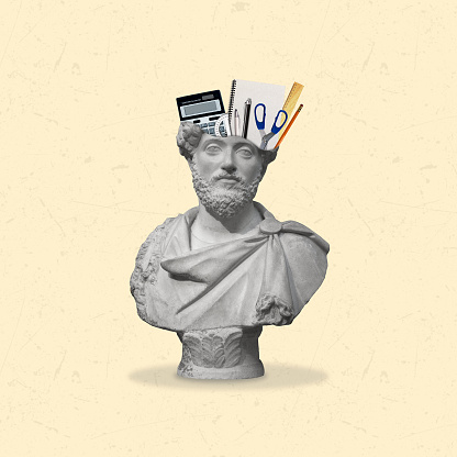 Creative collage of a statue head with stationery. Importance of education. Copy space for ad. Modern design.