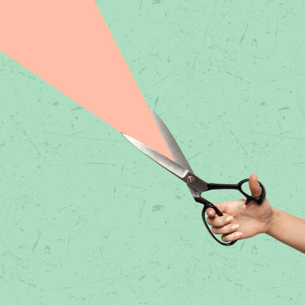Contemporary art collage of a hand holding scissors. Contemporary art collage of a hand holding scissors. Copy space for ad. Modern design. tramp home stock pictures, royalty-free photos & images