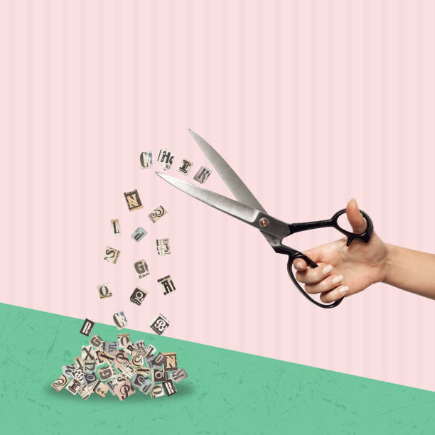 Contemporary art collage of a hand holding scissors.