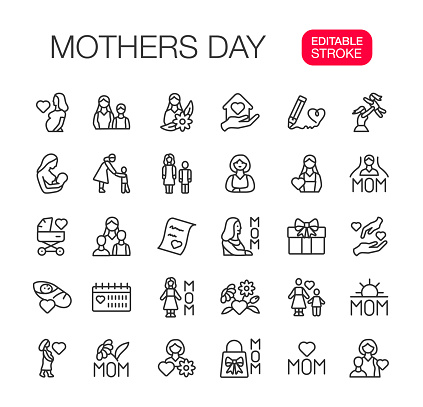 Mother's Day thin line icons set. Editable Stroke. Vector illustration.
