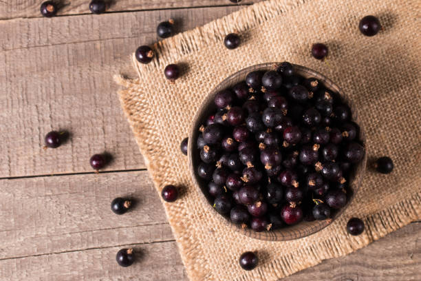 istock Black currant in a bowl on wooden background. Organic berries. 1509485948
