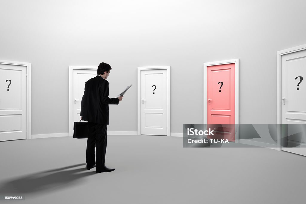 Make a decision. Choose a job. Be interviewed. Recruitment. Achieving the goal. Cease to be unemployed. Due to bureaucracy. With question marks on the red doors. Social Security Stock Photo