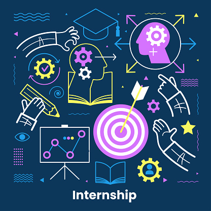 Internship concept. Banner with keywords and icons. Concept with icon of goal, skills, knowledge, mentoring, practice, opportunity, and training. Vector illustration.