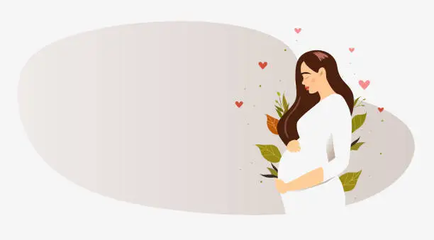Vector illustration of Banner about pregnancy and motherhood with place for text. Pretty pregnant woman with long hair on the background of green leaves.