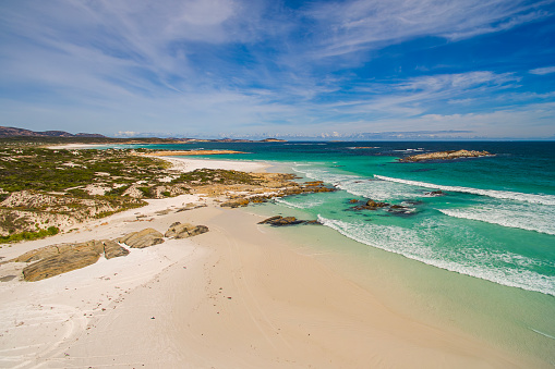 Picturesque aerial view of beach and coastline in remote Western Australia on a sunny day.