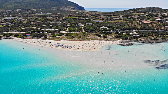 Aerial view of  popular white sand beach La Pelosa,  Sardegna island, Italy