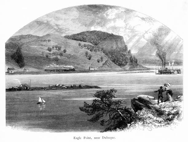 eagle point dubuque, iowa, stany zjednoczone, geografia amerykańska - number of people people in the background flowing water recreational boat stock illustrations