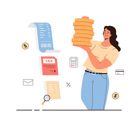 Tax payment, loan repayment date, pay bills and checks. Woman with a stack of gold coins makes repayment. Cartoon flat vector illustration.