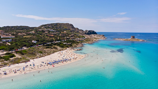 Aerial view of  popular white sand beach La Pelosa,  Sardegna island, Italy