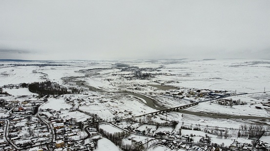 Aerial view of a winter cityscape