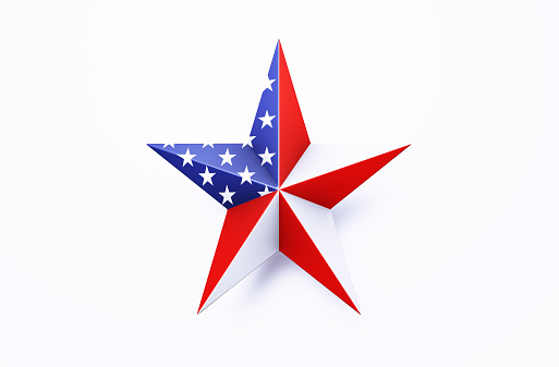 Star textured with American flag on white background. Horizontal composition with copy space.