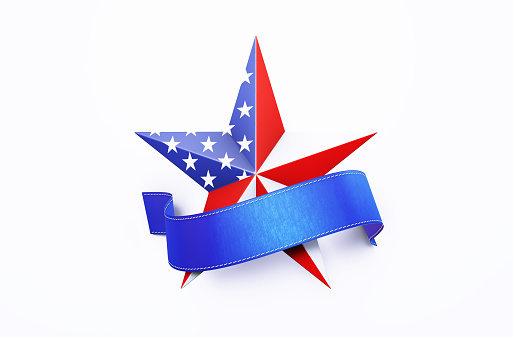 Star textured with American flag and blue banner on white background. Horizontal composition with copy space.