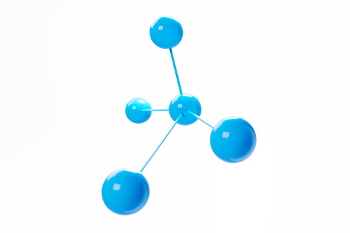 Blue connected molecules on white background. Horizontal composition with copy space.