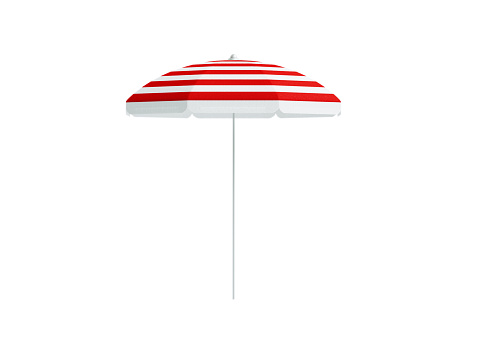 Red and white striped parasol on white background. Horizontal composition with copy space.
