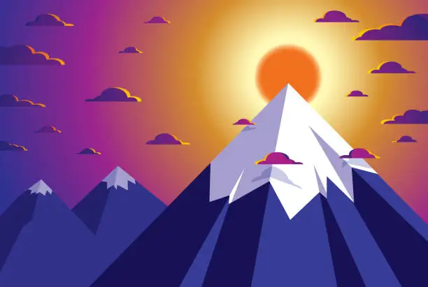 Vector illustration of Beautiful mountain landscape with setting sun in the evening, sundown over peak scenic nature vector illustration, tranquil calm image for relaxing.