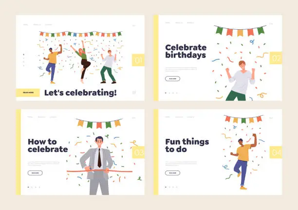 Vector illustration of Set of landing page website template offering best tips for party celebration with happy people