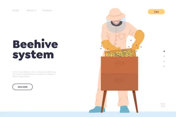 Vector illustration of Beehive system landing page design template with cartoon apiarist working with apiary equipment