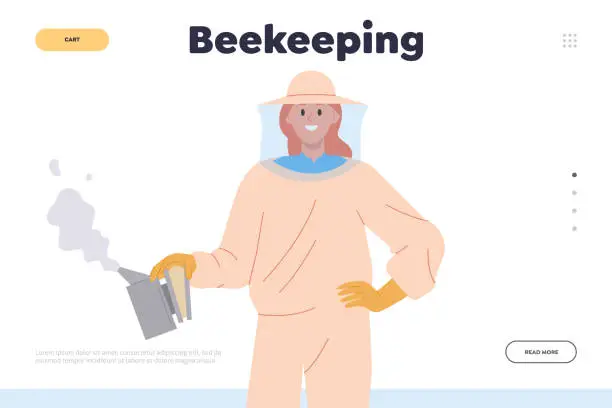 Vector illustration of Beekeeping landing page design template with woman hiver in protective uniform with smoker