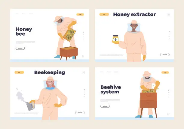 Vector illustration of Set of landing page design template for apiary farm, honey production company, beekeeping service