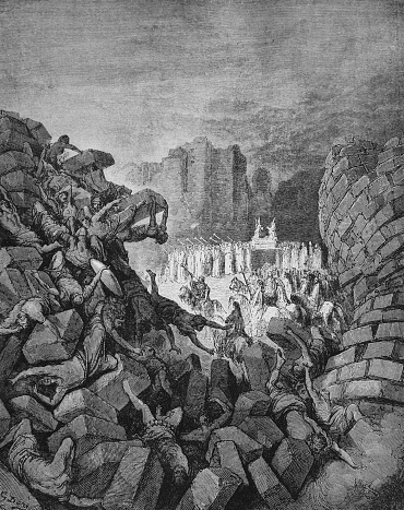 Fall of the walls of Jericho in the old book The Bible in Pictures, by G. Doreh, 1897