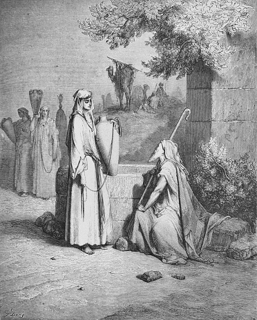 Eliezer and Rebekah in the old book The Bible in Pictures, by G. Doreh, 1897