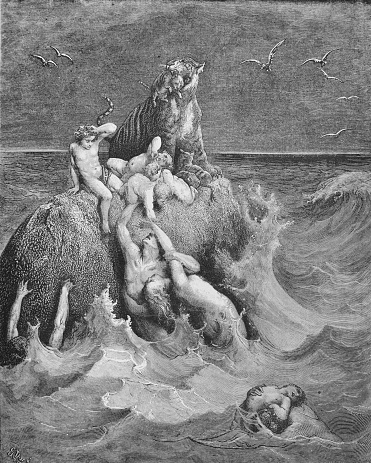 Scene from the flood in the old book The Bible in Pictures, by G. Doreh, 1897