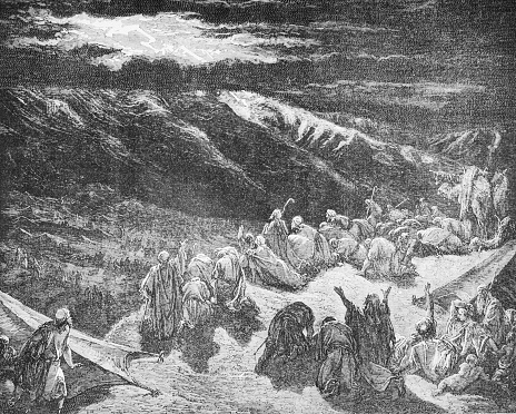 Moses commands the sea in the old book The Bible in Pictures, by G. Doreh, 1897