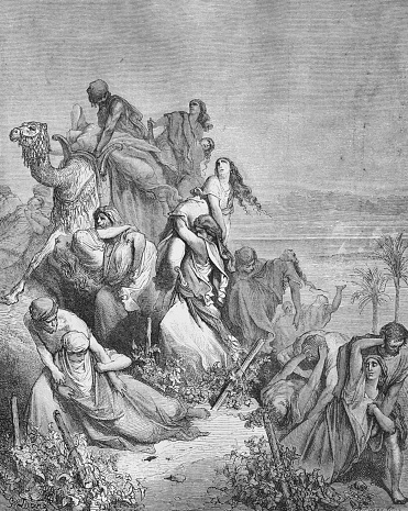 The Benjamites kidnap their daughters in Shiloh in the old book The Bible in Pictures, by G. Doreh, 1897