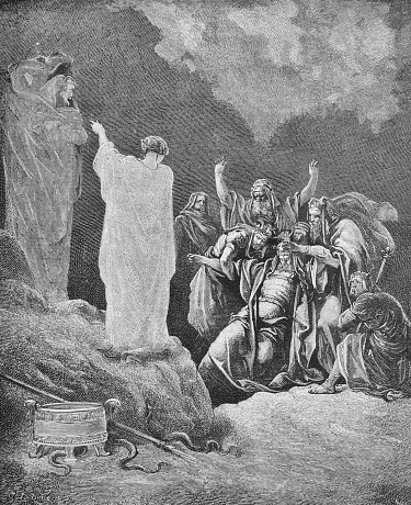 Saul in front of the sorceress in the old book The Bible in Pictures, by G. Doreh, 1897