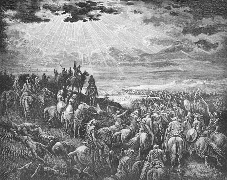 Joshua and solar eclipse in the old book The Bible in Pictures, by G. Doreh, 1897