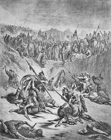 Battle of combatants Jeboshej and David in the old book The Bible in Pictures, by G. Doreh, 1897