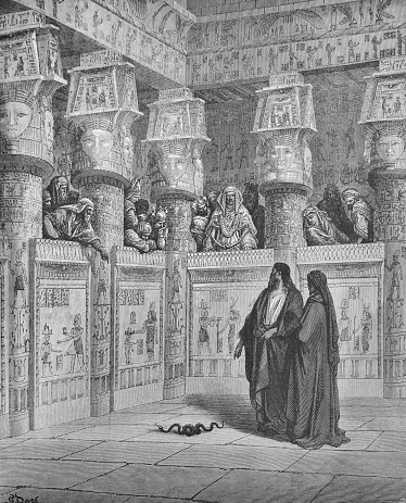 Moses and Aaron before Pharaoh in the old book The Bible in Pictures, by G. Doreh, 1897