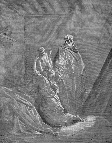 Elijah raises the son of the widow of Zarephath in the old book The Bible in Pictures, by G. Doreh, 1897